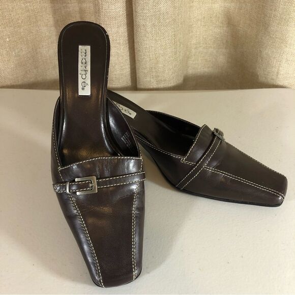 MARIPE brown leather heeled slides size 8 - Picture 1 of 11
